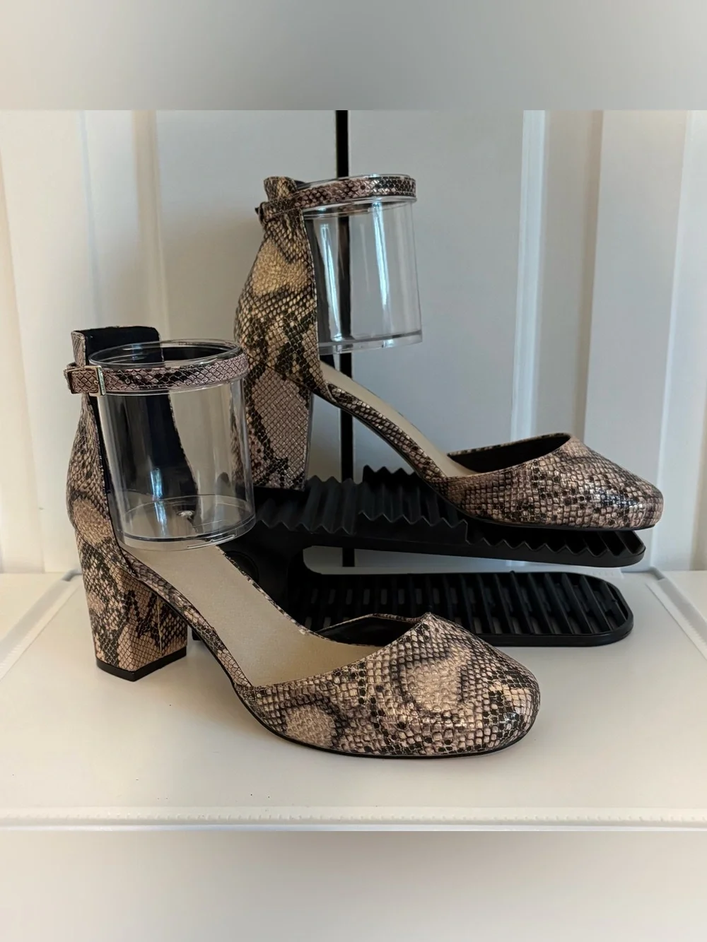 ASOS, Pink & Black Snake-Print Block Heel Round Toe Shoes with Ankle Strap